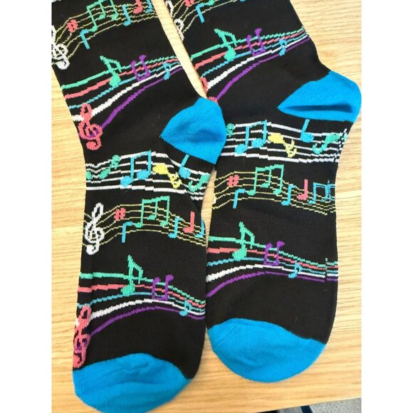 Abstract Music Notes Crew Socks For Adults Black Colorful Design Musician Singer - Picture 2 of 5